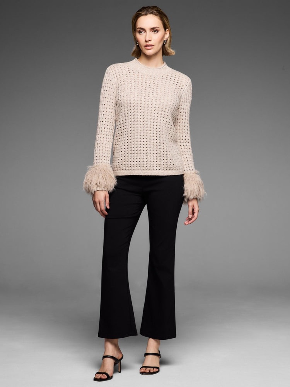 NIC+ZOE Open-Knit Cream Sweater with Faux Fur Cuffs